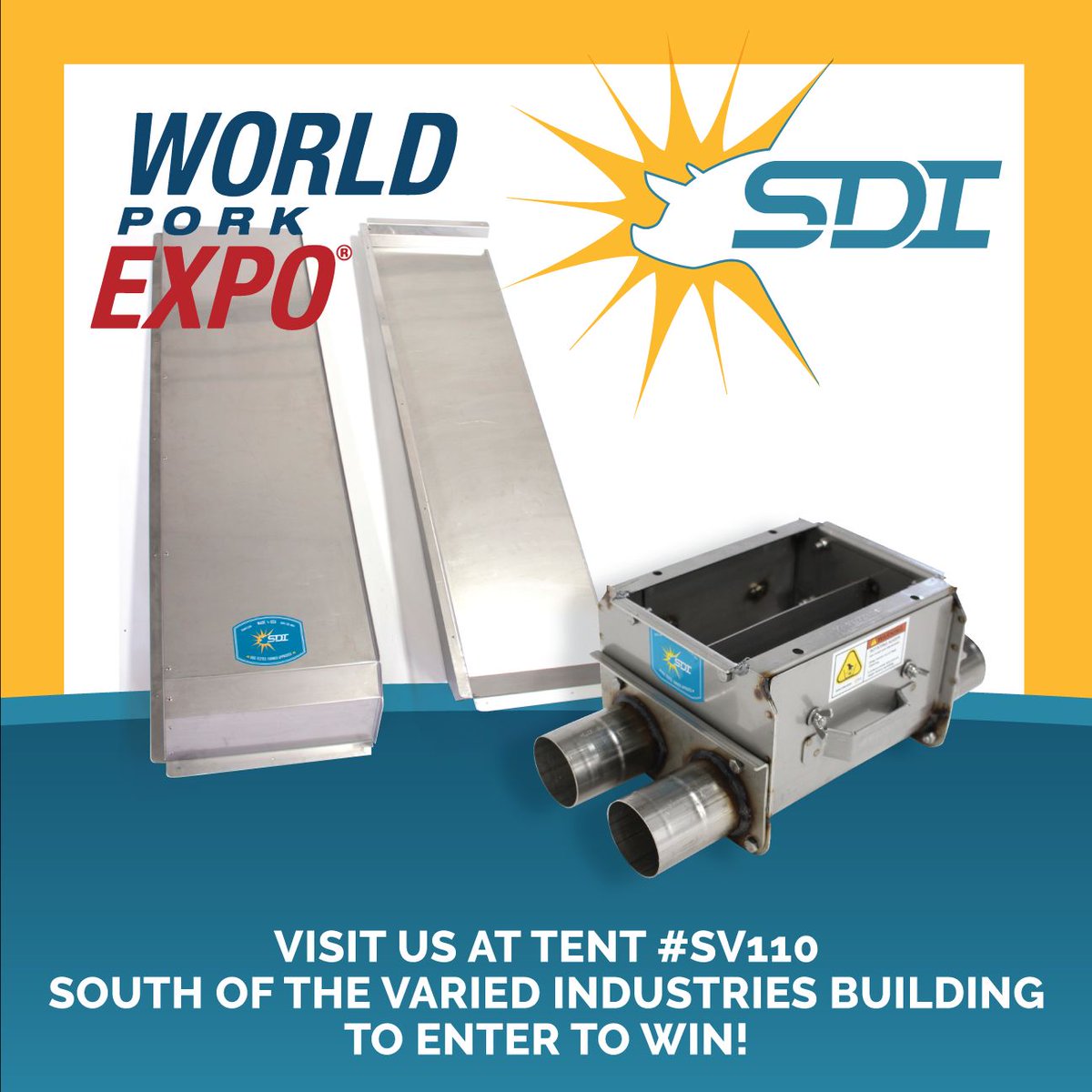 At World Pork Expo? Visit SDI at tent #SV110 to enter to win (12) 48-inch wean-to-finish wet-dry feeders (or equivalent for your barn) OR 1 set of curtain pockets and 2 stainless steel double boot unloaders! They are Hog Tested. Farmer Approved.