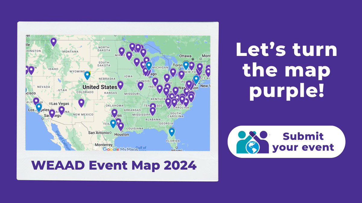 NCEAatUSC's tweet photo. Help us turn the map purple for #WEAAD. Submit your in-person and virtual events here: https://t.co/XHbCvYdPmG  

Be sure to explore other WEAAD events being held worldwide throughout June! https://t.co/Ac95mslJhm