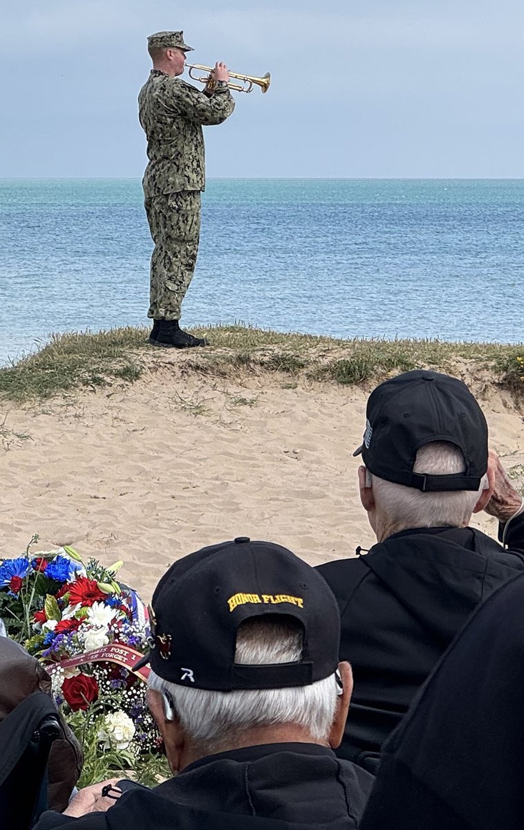 stripes_photog's tweet photo. #WWII veterans salute as a bugler plays taps on Omaha Beach, part of events marking the 80th anniversary of the #DDay landings in Normandy. Photo by Robert H. Reid/ Stars and Stripes. See all of @starsandstripes D-Day coverage here: https://t.co/v0knGMJ3UP https://t.co/d0F37zMlaG