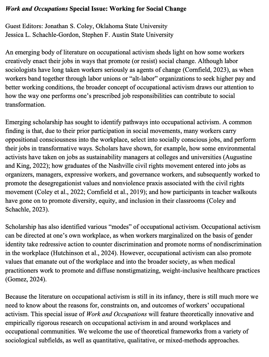 jcoleysociology's tweet photo. Call for papers!

@JessicaSchachle and I are co-editing an upcoming special issue of Work and Occupations entitled "Working for Social Change." The special issue will examine how workers enact their jobs in ways that contribute to social change. Abstracts due Sept. 1. https://t.co/hCJ2gPOkDl