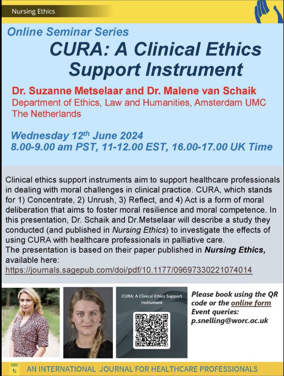 Next online Nursing Ethics seminar 12th June. Suzanne Metselaar and Malene van Schaik. 1600 UK time

Link to their paper here: lnkd.in/d4N3V8h9 

Book via this link lnkd.in/dWw65u76