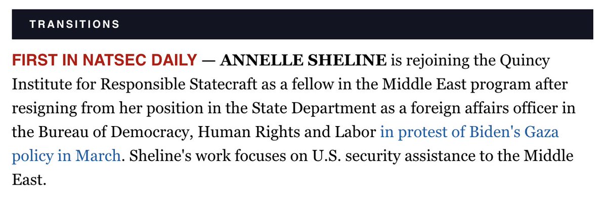 AnnelleSheline's tweet image. I am pleased to announce that I have rejoined the @QuincyInst, where I had worked prior to joining the State Department
politico.com/newsletters/na…