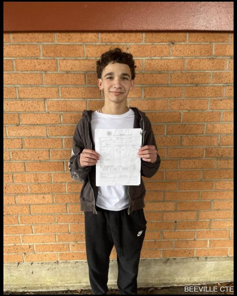 Beeville CTE Welding student Seth passed the American Welding Society D1.1 industry weld test during the 2023-24 school year!  Congratulations on your success and this important step toward your future!