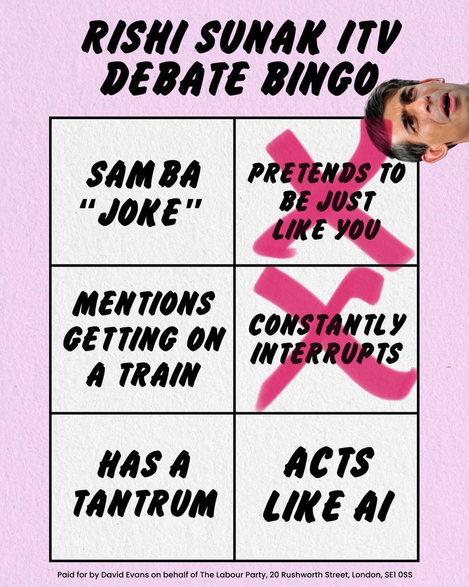 rhiannonmay__'s tweet photo. 23 minutes in and we’ve already gotten Sunak pretending to be just like Paula and constantly interrupting Starmer and Julie Etchingham! What’s next?!

#ITVDebate https://t.co/IXg0uYgPVW