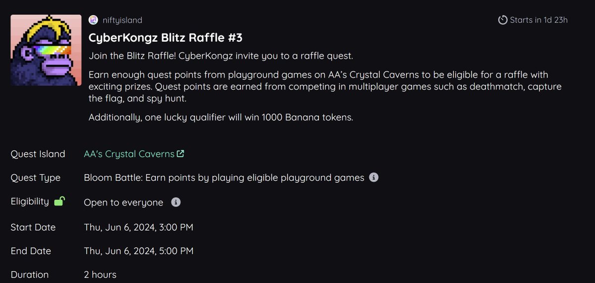 Friendly Reminder:
What? @CyberKongz  Blitz Quest
Where? @Nifty_Island AA's Crystal Caverns
Who? Everyone!

See ya there!