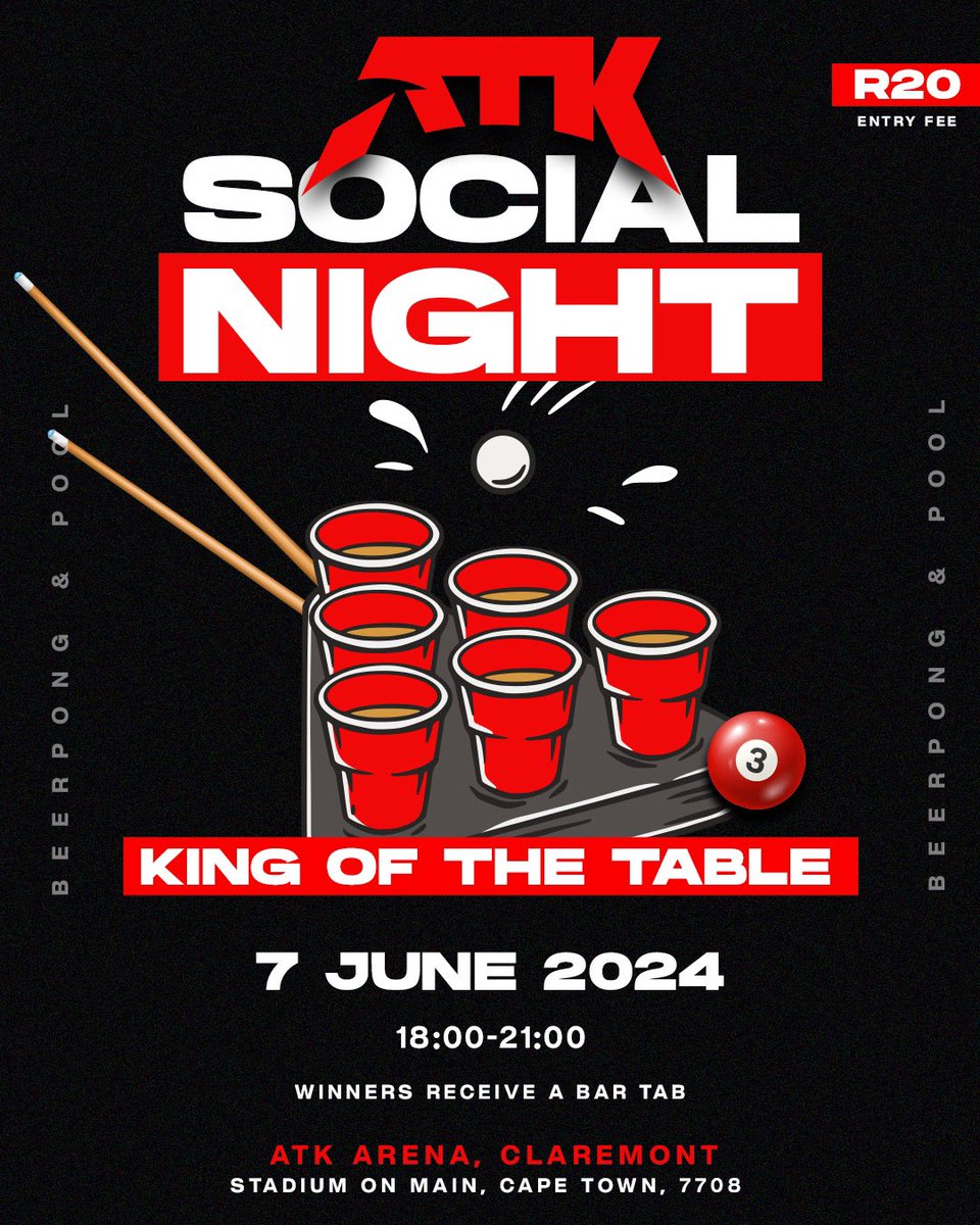 ATK (@atkarena) on Twitter photo 🎮🍻 Join us for a night of exciting shots, questionable aim, and an eventful evening guaranteed at our June Social Night! Get your game face on get ready to sink some shots. See you there! 🎱🍻
🎟️ R20 Entry fee
🕰️ 18:00 - 21:00 
📅 07 June
💰 Bar tabs up and spot prizes up for 🎮🍻 Join us for a night of exciting shots, questionable aim, and an eventful evening guaranteed at our June Social Night! Get your game face on get ready to sink some shots. See you there! 🎱🍻
🎟️ R20 Entry fee
🕰️ 18:00 - 21:00 
📅 07 June
💰 Bar tabs up and spot prizes up for