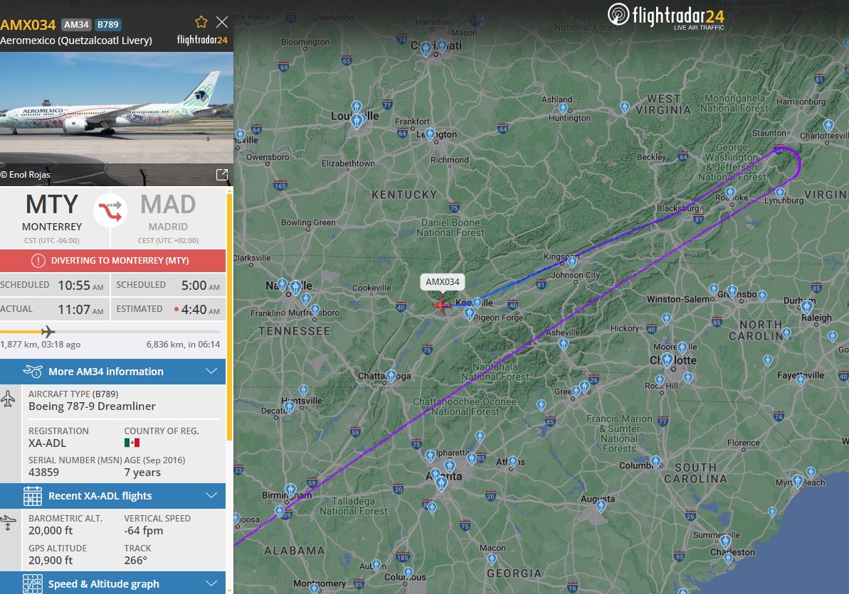 #AM34 in distress, medical emergency with crew member passengers reporting. Originally diverting to MTY but looks like going to ATL. <a href="/MarmolFabricio/">Marmol Aviación</a>