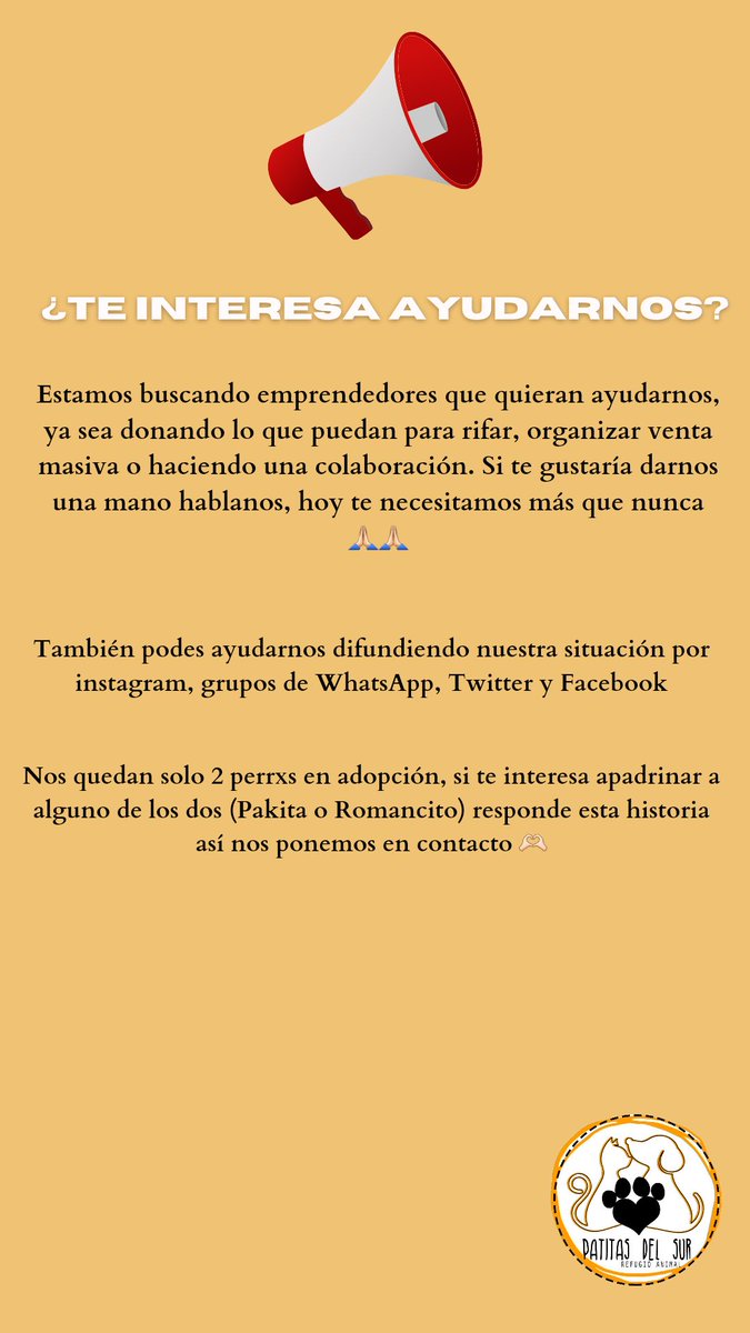 patitasdelsurr's tweet photo. 🚨MAXIMA DIFUSION🚨 Debido a la gran deuda que tenemos, tuvimos que suspender los rescates. Nada nos entristece más que tener que rechazar todos los pedidos de ayuda. Te dejamos los links para donar:

https://t.co/Ds1Eg9aeI2 $800
https://t.co/Lxbi4TUUj1 $1000 https://t.co/ptsZqIp2Pn