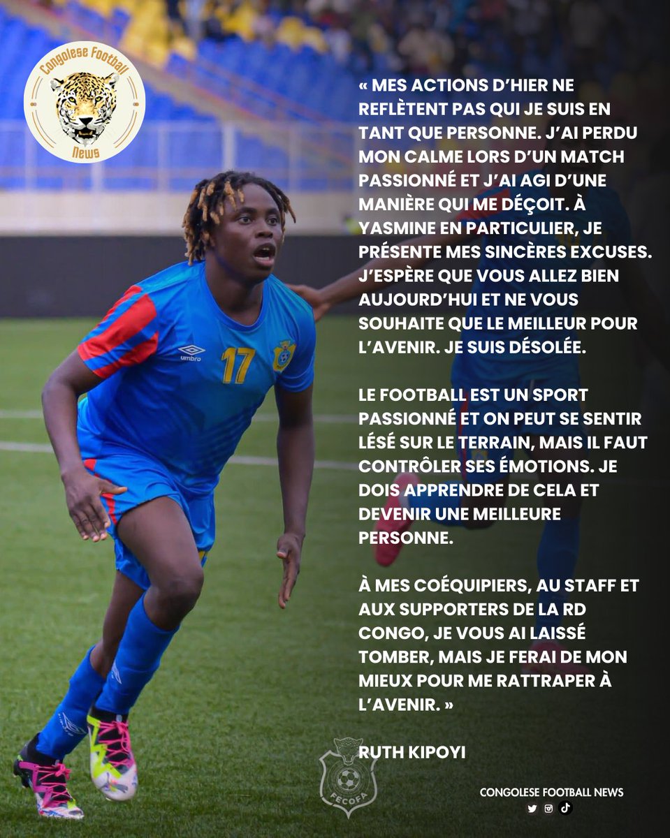 CongoleseFNews's tweet photo. 🚨 Ruth Kipoyi a présenté ses excuses après son mauvais geste face au Maroc 🇲🇦 via un communiqué sur Instagram.
#RDC #Congo #MORDRC #MARCOD #WCQ2026 https://t.co/xDMZyhnoLF