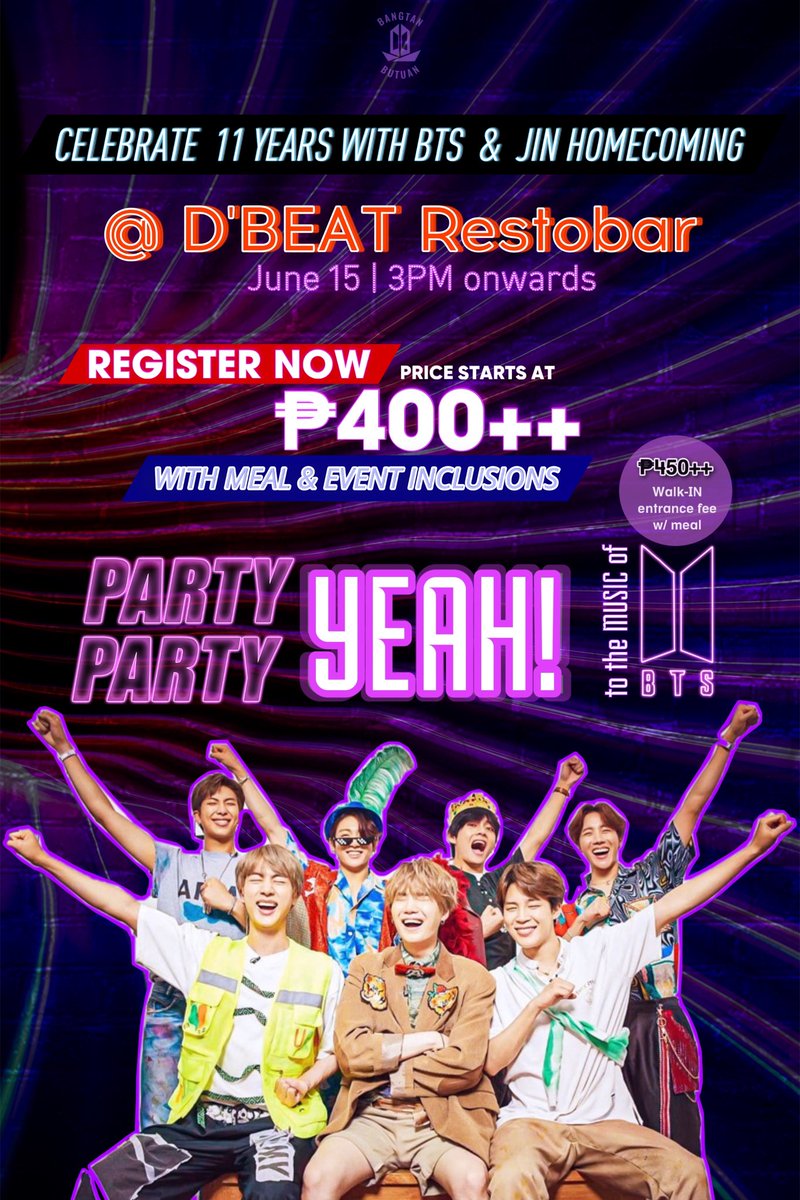 BangtanButuan's tweet photo. Celebrate 11 Years with BTS and JIN’s Homecoming🎉

Date: 15 June 2024(Saturday)
Time: 3PM onwards
Venue: D’BEAT RESTOBAR, Samping Avenue, JC Aquino Ave, Butuan City

Registration and Details Here:
📍https://t.co/SBmFL9pgye https://t.co/42f1SUfpQ2