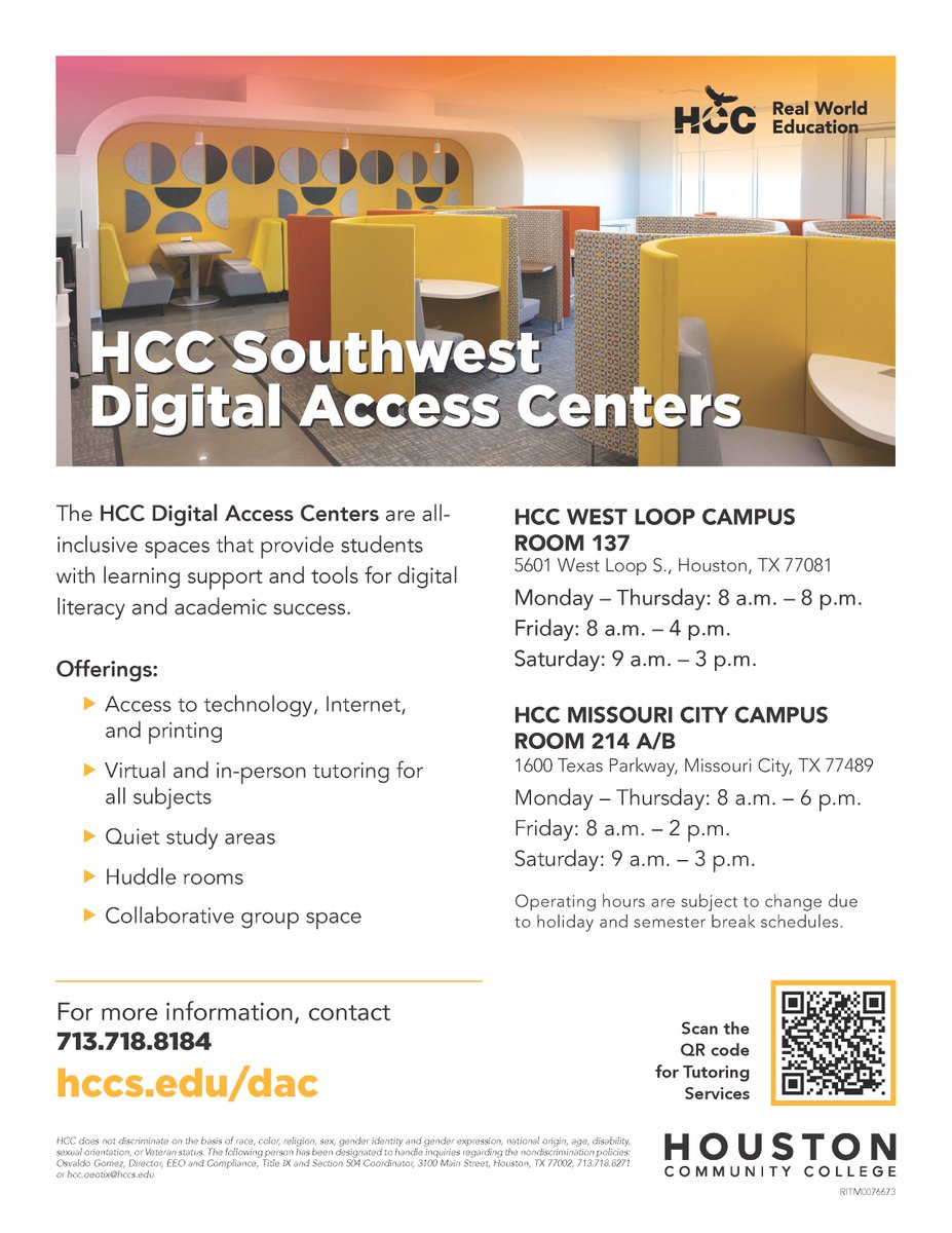 The HCC Digital Access Centers are all-inclusive spaces that provide students with learning support and tools for digital literacy and academic success. For more details: hccs.edu/support-servic…