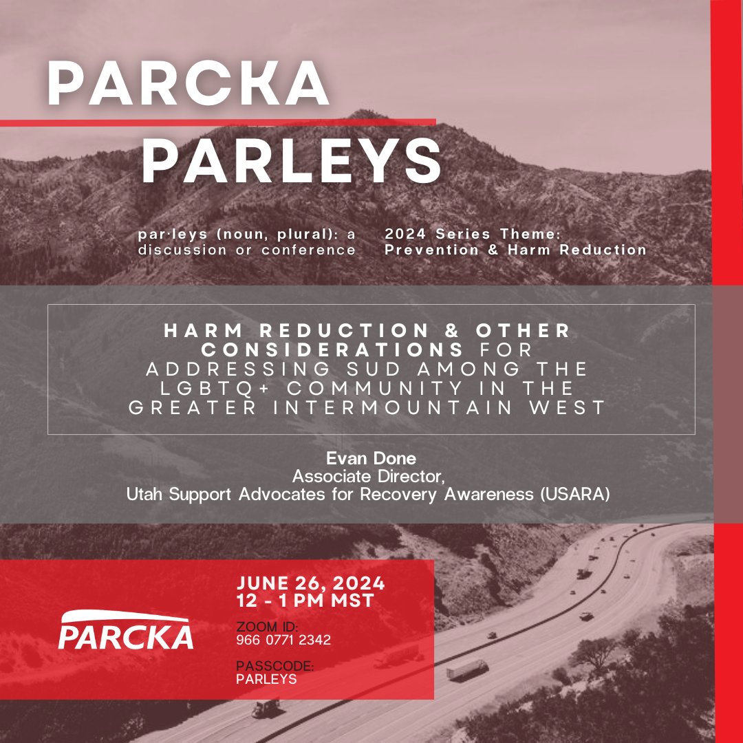 This month’s #PARCKA #Parley is only 3 weeks away! To celebrate #PrideMonth 🌈 we will be joined by Evan Done from <a href="/myUSARA/">Utah Support Advocates for Recovery Awareness</a> to talk about addressing #SUD among the LGBTQ+ community. Learn more @ tinyurl.com/parckaparleys. We'll see you all there! 😎