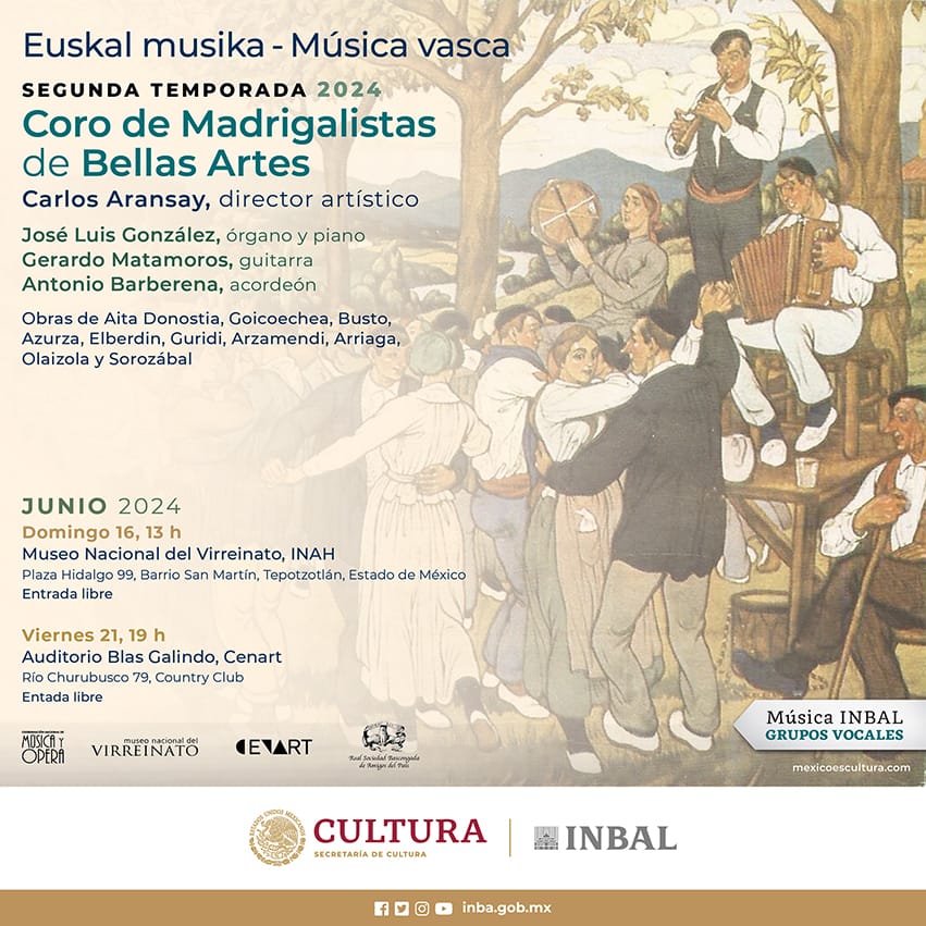 MusicaINBAL's tweet photo. Acompáñanos a conocer más acerca de la cultura del País Vasco, en el concierto “Música Vasca”, a cargo del @CMBA_INBA , bajo la dirección del Mtro. Carlos Aransay. https://t.co/EzQI8DztlX