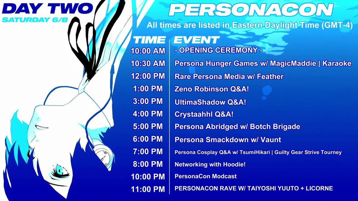 ThePersonaCon's tweet photo. THE PERSONACON 2024 PANEL SCHEDULE IS HERE!

These panel times are not final and are subject to change. Join the Discord server to be notified of any updates!
See you guys this weekend ~ HEE HO! 💙 https://t.co/J3QjLTZOl3