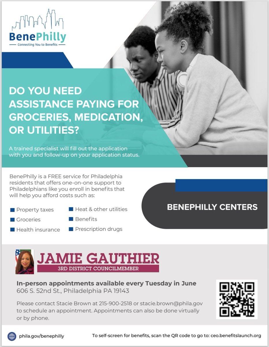 Do you need assistance with healthcare, groceries, utilities, and more? BenePhilly offers FREE one-on-one support to help you enroll in benefits.

My office is offering in-person appointments every Tuesday in June at 606 S. 52nd St. (1/2)