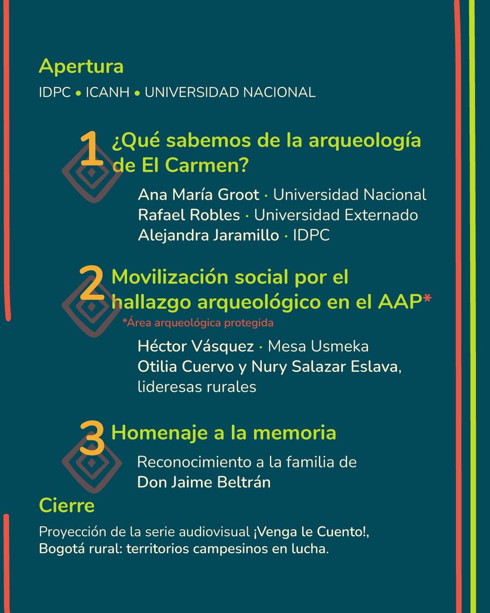 ¡Todos invitados! Al conversatorio Declaratoria del área arqueológica protegida de la hacienda El Carmen: Balances y retos, junto a los y las líderes campesinas del borde sur de Usme, donde se hablará sobre los procesos de incidencia comunitaria que dieron paso a la declaratoria.