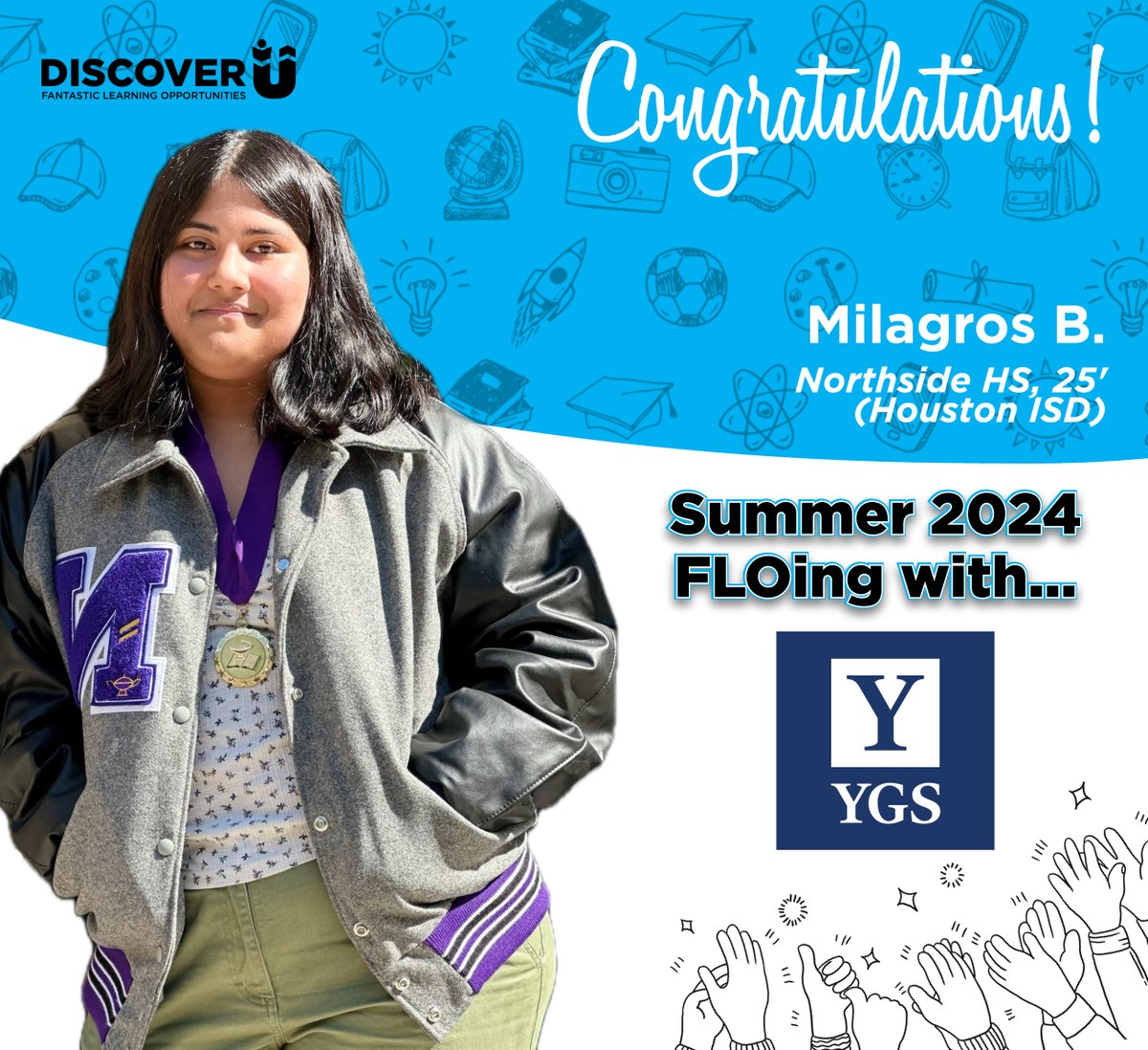 🎉 Meet Milagros, a <a href="/northside_hs/">Northside High School</a> junior, accepted to the Yale Young Global Scholars FLO! 🌟 She'll join students from 150+ countries for a two-week academic adventure at <a href="/Yale/">Yale University</a>. Join us in celebrating Milagros and wishing her the best on her FLO!! #ExperienceMatters #DiscoverU