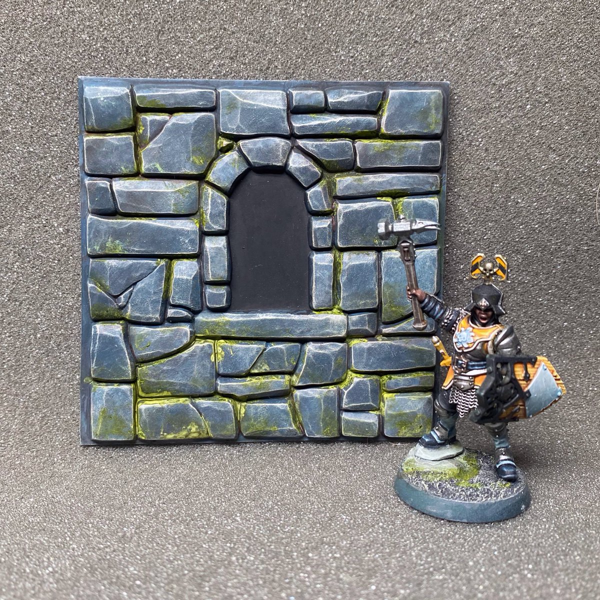 TheSeventhSmith's tweet photo. Test print of my (@SpaghetMeN0t inspired) procedurally generated stone wall. You paint a rough b/w painted mask and then blender converts it to a mesh and applies weathering using geometry nodes. It's all math &amp; no sculpting (or AI) required!
#blender #warhammer #3dprinting https://t.co/osANyY3OfJ