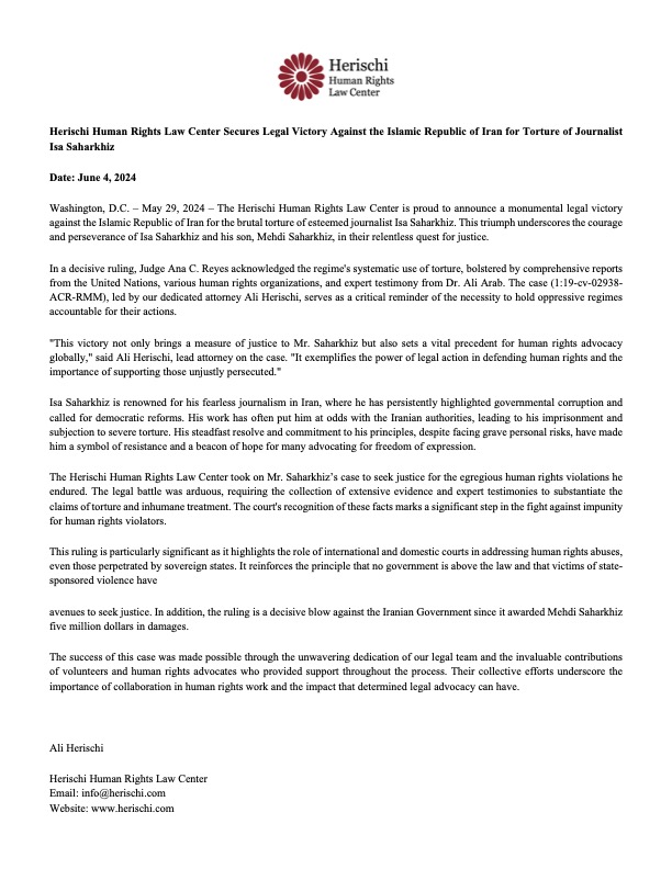herischilaw's tweet photo. P roud to announce a monumental legal victory against the Islamic Republic of Iran for the brutal torture of esteemed journalist Isa Saharkhiz. Federal Judge Reyes finds Islamic Republic responsible for torturing Isa Saharkhiz. See our press release below  #FSIA #Torture https://t.co/nwTxWIyRRm