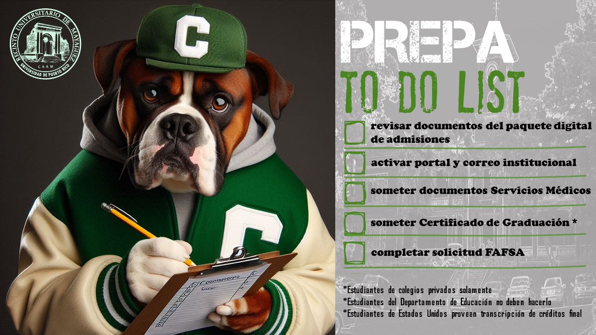 PREPA 2024 PREPÁRATE PARA LA SEMANA DE BIENVENIDA
PUBLICA: Admisiones UPR Mayagüez
¡Prepa 2024! Verifica tu "to do list" antes del "Prepa Week" para que tengas todo al día al comienzo de clases. Recuerda que todo comienza en solicitud.upr.edu.
