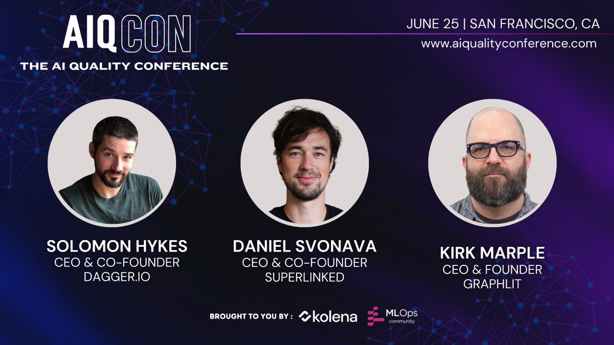 Kolena (@kolenaio) on Twitter photo We're bringing you CEO's & Founders from top companies at <a href="/AIQCon/">AIQCon</a> this month! Check out some of the talks we have planned for you:
<a href="/solomonstre/">Solomon Hykes</a>, <a href="/dagger_io/">Dagger</a>
"Leveraging Function Calls and AI to Dynamically Build Test Pipelines with Dagger".
<a href="/svonava/">Daniel Svonava</a> , <a href="/superlinked/">Superlinked</a>:
"How to We're bringing you CEO's & Founders from top companies at <a href="/AIQCon/">AIQCon</a> this month! Check out some of the talks we have planned for you:
<a href="/solomonstre/">Solomon Hykes</a>, <a href="/dagger_io/">Dagger</a>
"Leveraging Function Calls and AI to Dynamically Build Test Pipelines with Dagger".
<a href="/svonava/">Daniel Svonava</a> , <a href="/superlinked/">Superlinked</a>:
"How to