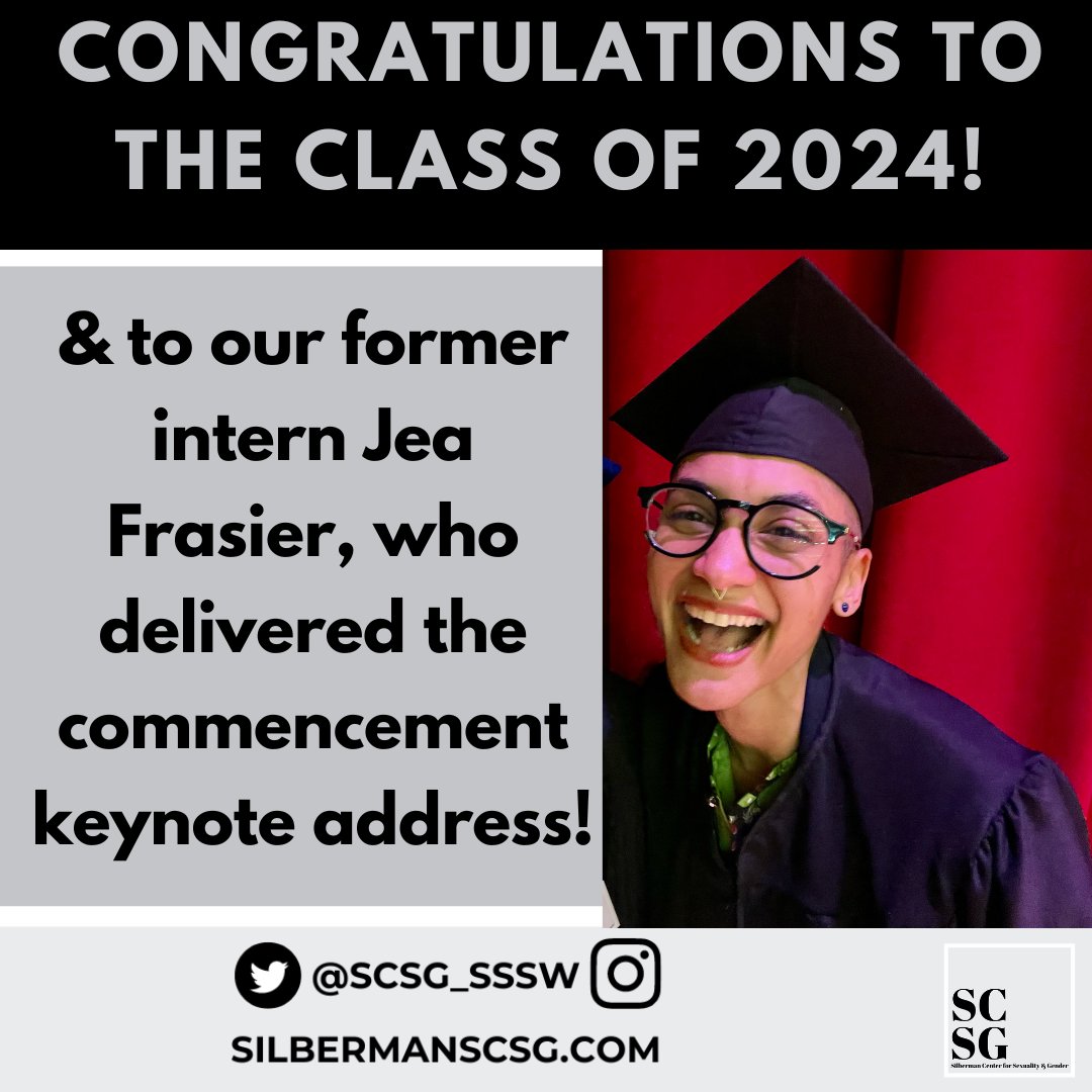 Silberman Center for Sexuality and Gender (@scsg_sssw) on Twitter photo Congratulations <a href="/silbermanssw/">Silberman School of Social Work at Hunter College</a> grads! Here's to more #SexPositive #GenderAffirming social work practice! Shout out to <a href="/JeaFrasier/">Jea Frasier</a> for their phenomenal keynote address! #SocialWorkers4TransJustice Congratulations <a href="/silbermanssw/">Silberman School of Social Work at Hunter College</a> grads! Here's to more #SexPositive #GenderAffirming social work practice! Shout out to <a href="/JeaFrasier/">Jea Frasier</a> for their phenomenal keynote address! #SocialWorkers4TransJustice