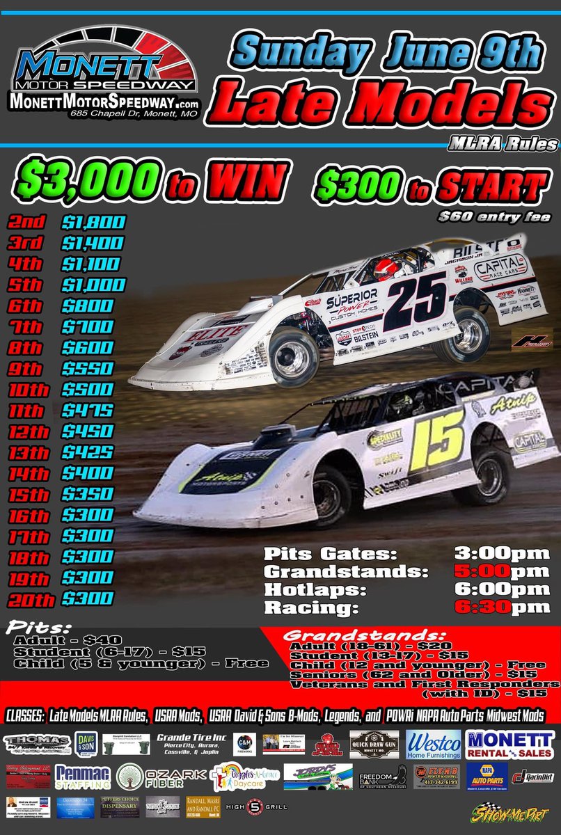 We had business step up and wants to pay for the grandstand entry of any military active or vet this Sunday night please thank North Ark Electric LLC!! And thank the veterans and active duty service member for your service!! See you all Sunday!!!