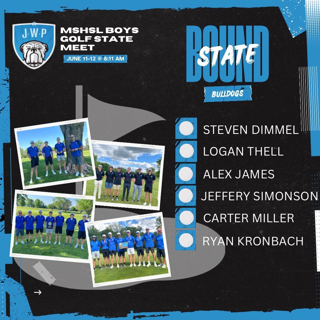 JWP_Bulldogs's tweet photo. JWP Boys Golf Team is heading back to the state tournament next Tuesday and Wednesday at Pebble Creek in Becker, MN. The boys shot a 638 overall to win the Section 2A championship on Monday!

Let’s send the team off in style with a parade down the Main Street TOMORROW, Wed. @ 5pm https://t.co/Wi9kBSG0Zp