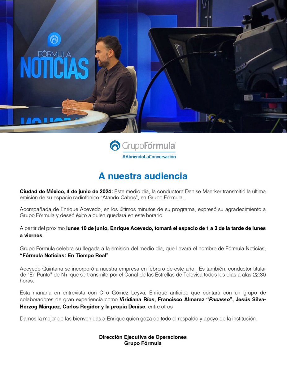 marioavilaroque's tweet photo. Grupo Fórmula @Radio_Formula informa

Muchas gracias por todo y éxito Denise @DeniseMaerker 

Enrique @Enrique_Acevedo re-bienvenido y lo mejor en este espacio que inicias a partir del próximo lunes 10 de junio https://t.co/XMvl6epljO