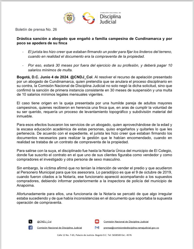 CNDJ_Col's tweet photo. #BoletinDePrensa | Dura sanción para abogado que intentó apropiarse del inmueble de una pareja campesina de adultos mayores en #Cundinamarca. 
#ManiobrasInadmisibles 
#JusticiaParaLaGente https://t.co/6LVBr5En8b