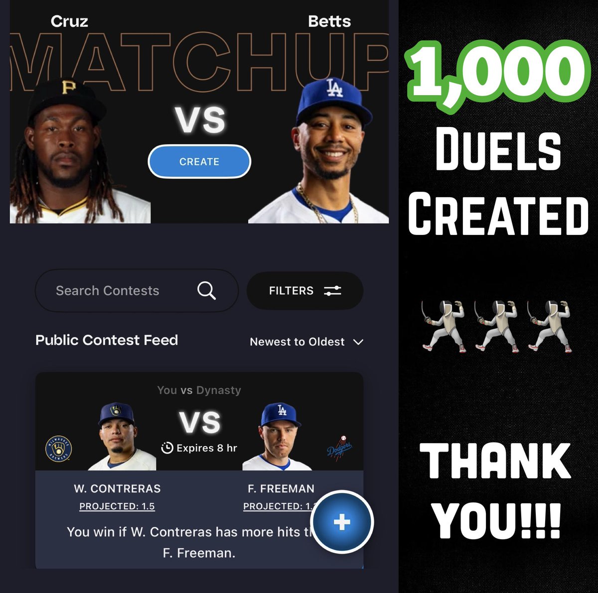PSF_App's tweet photo. 🚨ANNOUCEMENT🚨

We have officially reached 1,000 duels created on our app 🤺🤺

We can’t thank you enough for all of the support you have shown us! It’s been a ton of fun dueling with you and we look forward to the thousands more 🤝🔒💰

To come check it out, just download our app and go to the “Duels” tab! 

📲: https://t.co/Y8ZrA3as4u