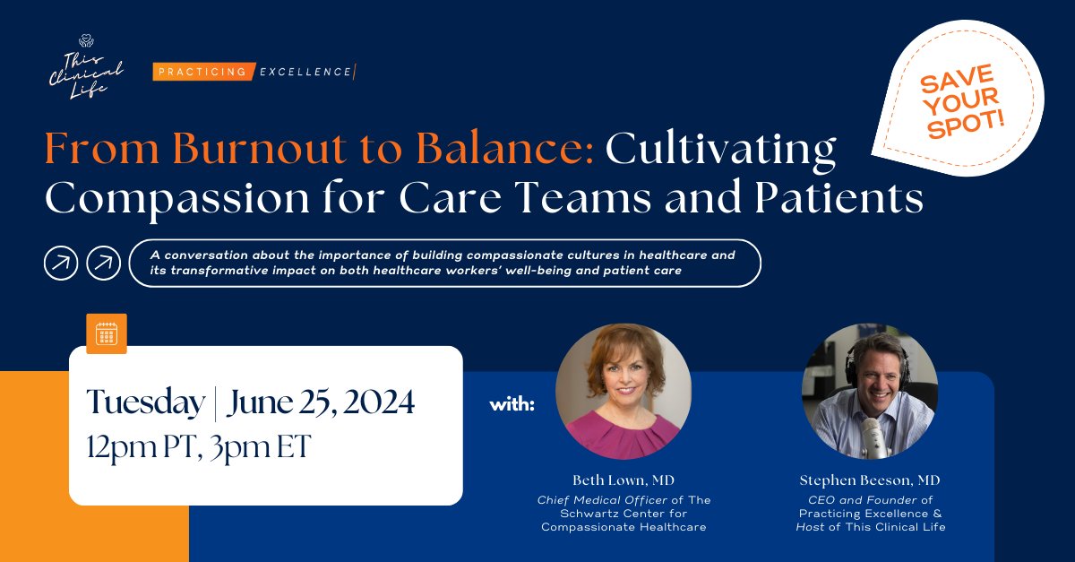 Practicing Excellence (@prac_excellence) on Twitter photo 🚨New This Clinical Life LIVE episode!🚨
Join <a href="/SBeesonMD/">Stephen Beeson</a> and Beth Lown, MD, CMO of The Schwartz Center for Compassionate Healthcare (<a href="/theSCCH/">The Schwartz Center</a>) as they discuss the importance and impact of building compassionate cultures in healthcare.
Register here: info.practicingexcellence.com/cultivating-co… 🚨New This Clinical Life LIVE episode!🚨
Join <a href="/SBeesonMD/">Stephen Beeson</a> and Beth Lown, MD, CMO of The Schwartz Center for Compassionate Healthcare (<a href="/theSCCH/">The Schwartz Center</a>) as they discuss the importance and impact of building compassionate cultures in healthcare.
Register here: info.practicingexcellence.com/cultivating-co…