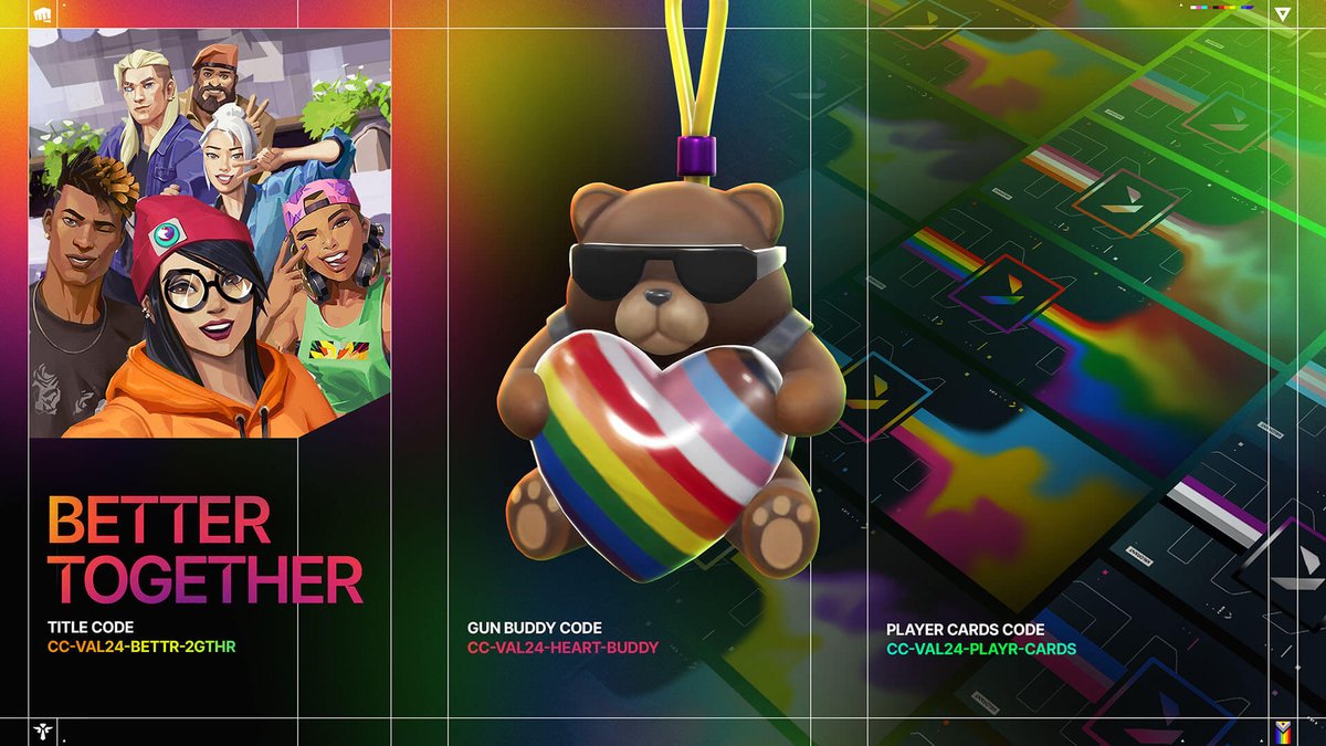 Celebrate Pride with the latest Rewards.

Reward Codes:
CC-VAL24-BETTR-2GTHR
CC-VAL24-HEART-BUDDY
CC-VAL24-PLAYR-CARDS

Redeem your items through June 25, 2024 here: riot.com/RiotCodeRedemp…