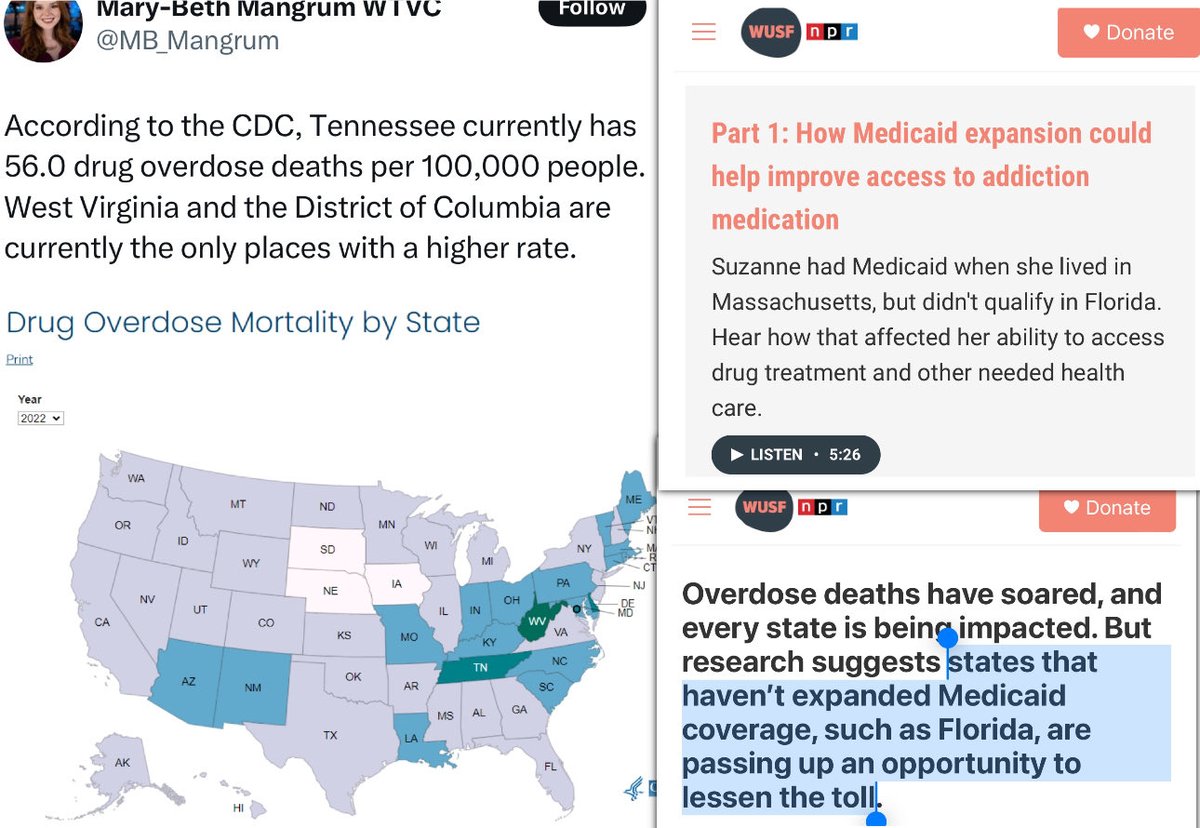 Per the CDC, Tennessee has the 2nd highest opioid overdose rate behind West Virginia (and DC) — yet <a href="/GovBillLee/">Gov. Bill Lee</a> &amp; the <a href="/TNGOP/">TNGOP</a> still won’t expand Medicaid. 

We’re #1 in medical bankruptcies. We’ve lost $25 BILLION+ due to their cruelty.
wusf.org/health-news-fl…