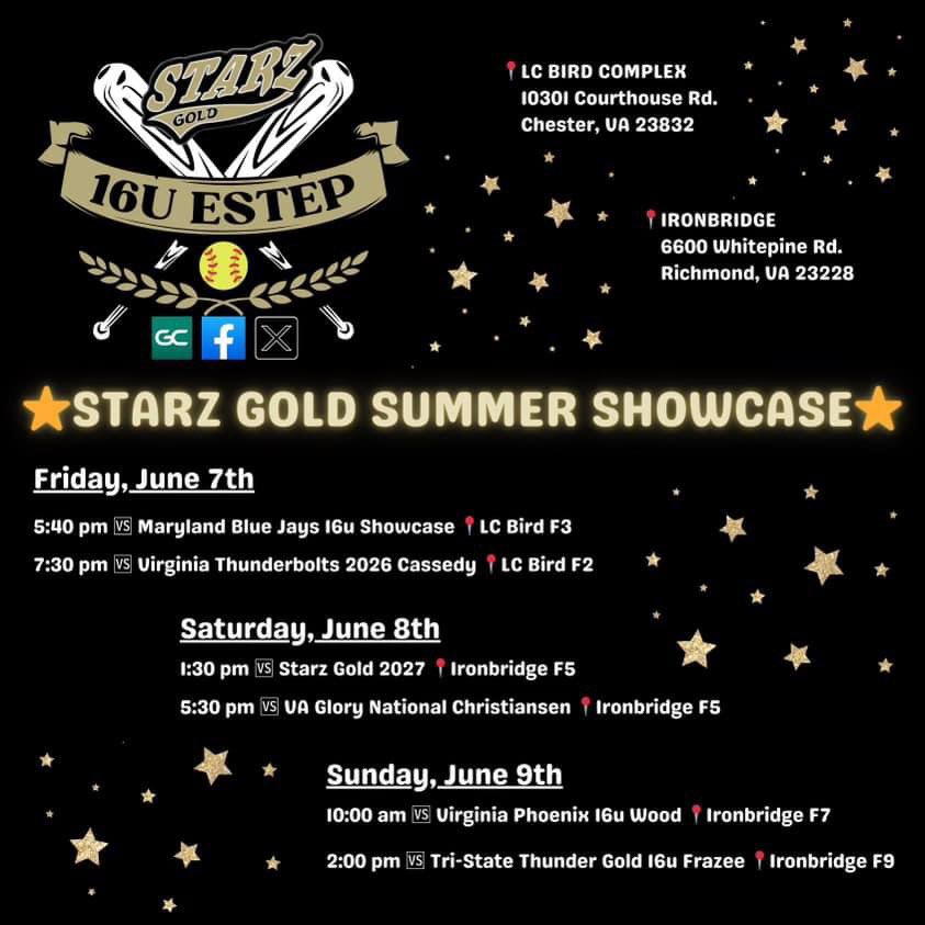 I’m so excited to finally hit the field with my <a href="/StarzGoldEstep/">Chip Estep</a> girls this weeekend! Come check us out in Richmond! 🖤⭐️ 💪<a href="/StarzGold/">StarzGold</a> <a href="/TopPreps/">247 College Sports News Recruiting Top Preps on X</a> <a href="/CoastRecruits/">Coast 2 Coast Recruits</a> <a href="/EastCoastFP/">East Coast Fastpitch Softball</a> <a href="/FastpitchAthRec/">Fastpitch Athlete Recruits</a> <a href="/SoftballDown/">Down South Softball</a> <a href="/UncommittedStud/">Uncommitted Studs</a> <a href="/SoftballRecruit/">Softball Recruit 🥎</a>