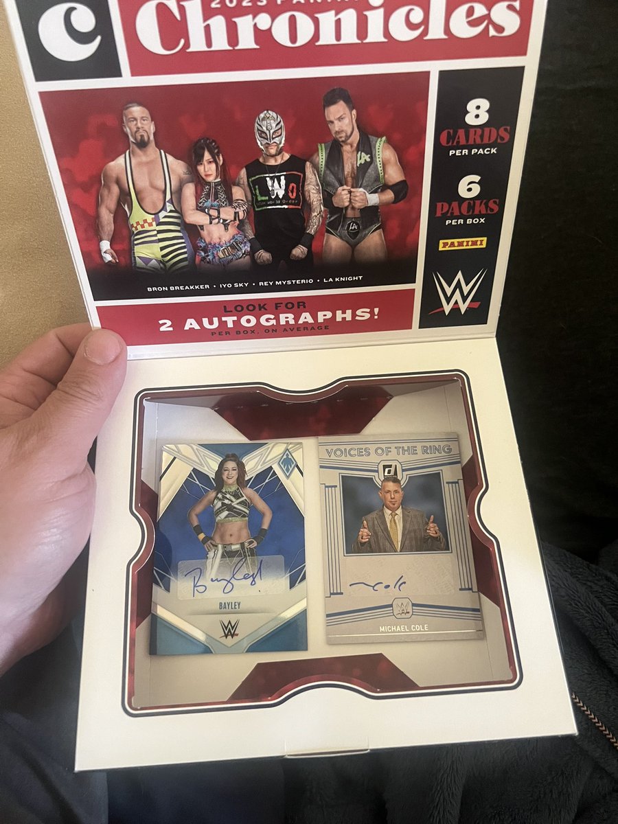 Pointg44's tweet image. Seems only right to get @MichaelCole and @itsBayleyWWE autos in the same box