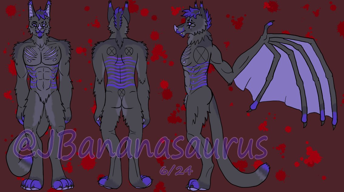 JBananasaurus's tweet photo. The reference sheet I started drawing a year ago has finally been finished! This is Zeev, the Werepyre! He's a RP character but I use his anthro/beast form as my main fursona. He's gone through several redesigns over the years but I think I'm finally satisfied! https://t.co/XgY3tIQ93O