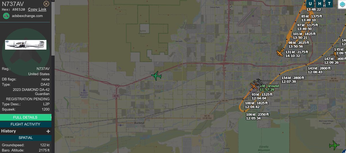MarkChagalt's tweet photo. @FAANews @GlendaleAZ @SecretaryPete @GoodyearAZGov @DOJCrimDiv @CivilRights Checked radar? No planes at Buckeye or Tonopah Airports where there are NO residential communities. 

One other plane at Goodyear Airport. 

Flight schools should be placed out there, not over homes. 

Why are people placed in harm's way for corporate greed? 

#Tuesday https://t.co/mFCE837xeF