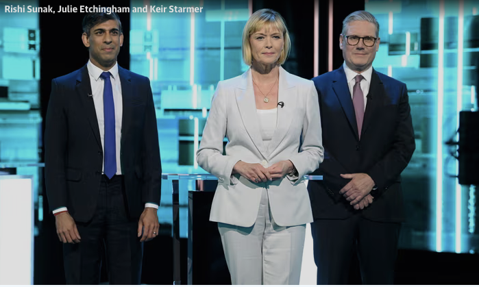 1er débat avant l'élection générale. Rishi Sunak a présenté les travaillistes comme un parti sans projet si ce n'est celui d'accroître les impôts ; Keir Starmer a rappelé le chaos des 14 années tories. 
Ce match nul fait l'affaire du Labour, en tête dans les sondages.
#ITVDebate