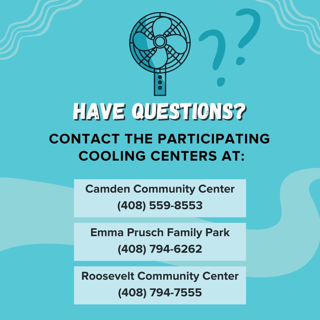 PRNS is activating @CityofSanJose Cooling Centers on Wednesday, June 5 to Thursday, June 6.  

Cooling Centers will be located at the following sites: Camden Community Center, Roosevelt Community Center, and Emma Prusch Farm Park from 1 - 9 p.m.