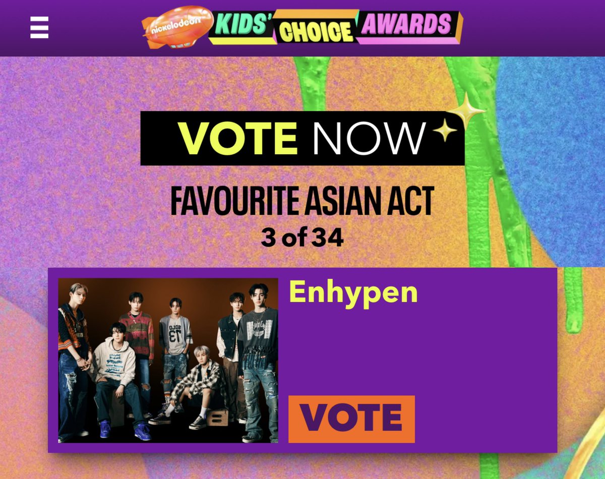 jakewon_stars's tweet photo. 📍 | #ENHYPEN se encuentran nominados en la categoría “Acto Asiático Favorito” en los Kids' Choice Awards 2024.

Pueden votar aquí, son 100 votos por día y por dispositivo, la votación cierra el 13 de Julio.

🖇️: https://t.co/rFIFIdD0c0

@ENHYPEN_members #KCA2024 #엔하이픈 https://t.co/IM6Ndci0Dx