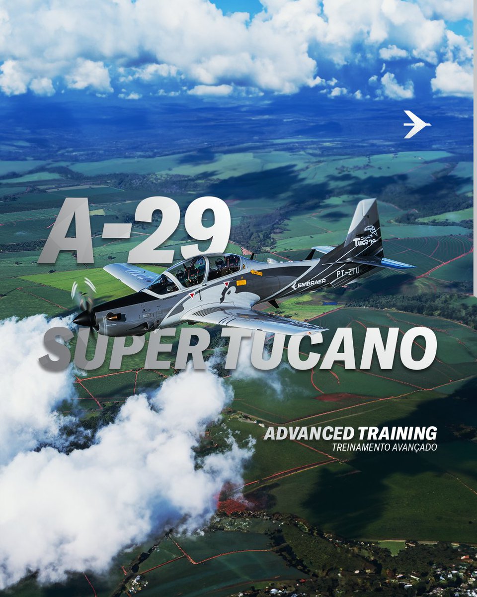 embraer's tweet photo. The A-29 Super Tucano, light attack and advanced training aircraft, offers extensive operational flexibility, and its maneuverability makes it a proven platform in all mission scenarios.

#A29 #SuperTucano #WeAreEmbraer #EmbraerStories https://t.co/AdXhvuBnKu