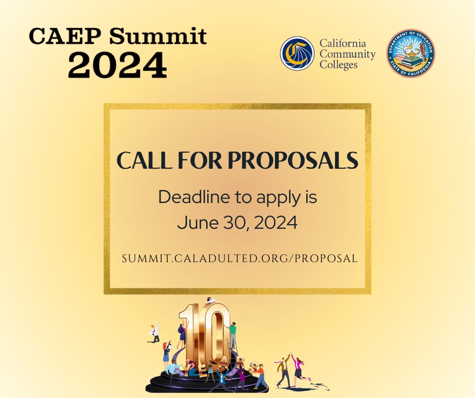NOMINATIONS are now open for CAEP Model Programs! 🏆

Proposal submission deadline: June 30, 2024. Applicants will be notified by: July 15, 2024.

Click the link below to nominate a model program! 📩
summit.caladulted.org/Proposal

#AdultEdu #AdultEdu #CAEP24 #ModelPrograms