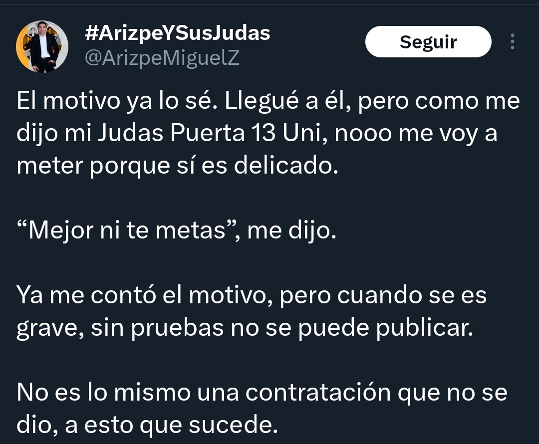 cezzarrrrr's tweet photo. " Noo me voy a meter porque sí es delicado"

Pero cuando estuviste chingando con el problema de Suazo y su esposa y también filtrando el teléfono de Canales, no era para ti algo delicado verdad? Tu balanza sobre la moral está por anca la verga! Chingas a tu madre! @ArizpeMiguelZ https://t.co/V92PNPSgoB