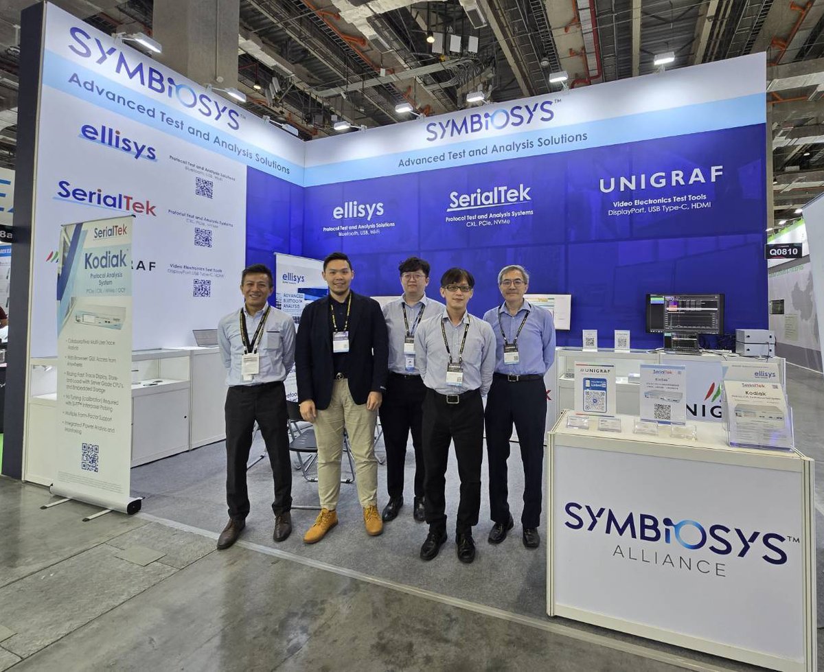 Day 1 of <a href="/computex_taipei/">𝐂𝐎𝐌𝐏𝐔𝐓𝐄𝐗 𝐓𝐀𝐈𝐏𝐄𝐈</a> 2024 was a success!
Symbiosys Alliance members <a href="/Ellisys1/">Ellisys</a> , <a href="/SerialTek/">SerialTek</a>  and <a href="/Unigraf_Oy/">Unigraf</a> are ready to show you our latest innovations in Protocol Analyzers for #Bluetooth, #WiFi, #DisplayPort, #HDMI, #PCIe and #USBtypeC.
Please stop by booth Q0810, Hall 2.