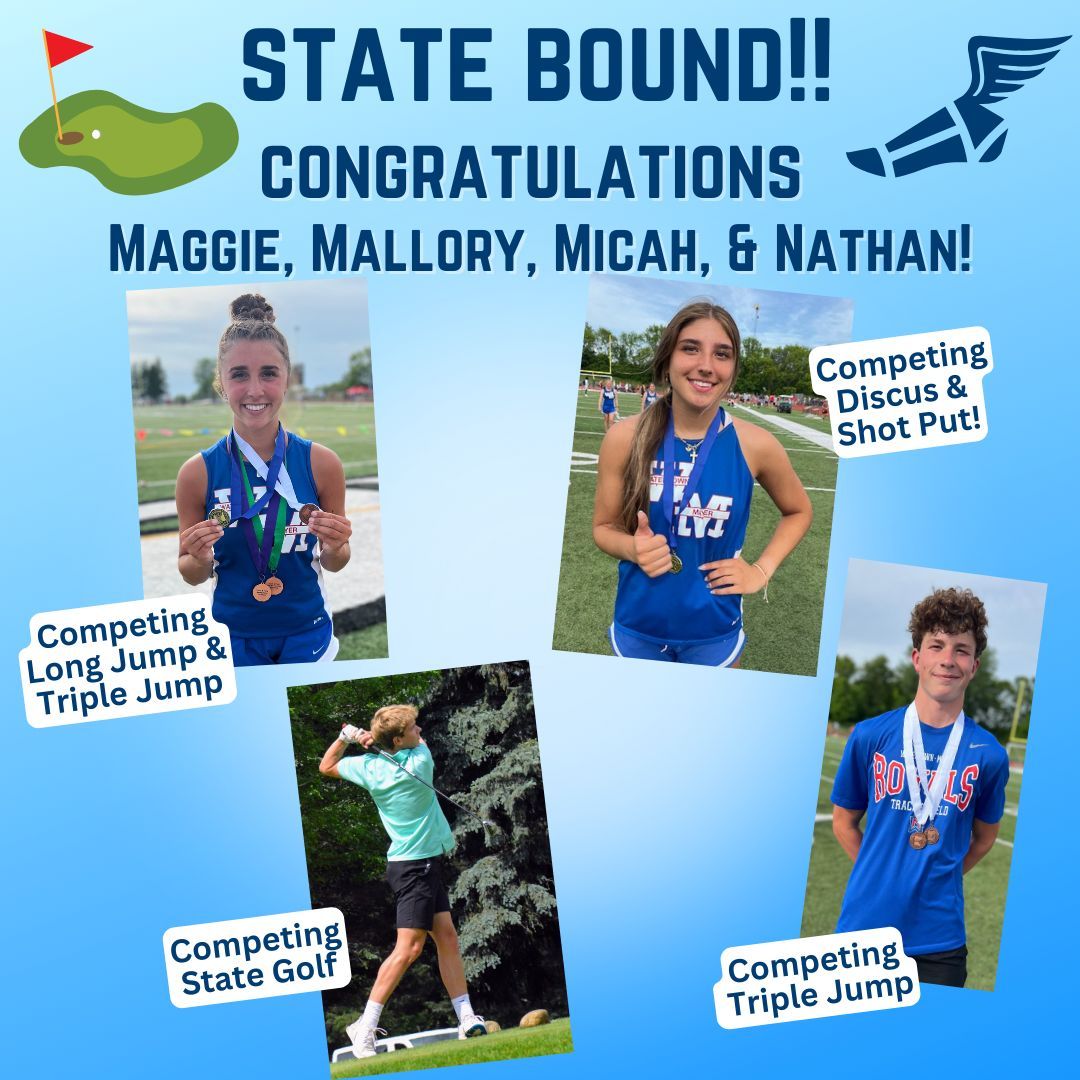 💙⭐Congrats to our WM State Qualifiers!!
⛳Junior Nathan Ragner qualified for STATE June 11th &amp; 12th! 
🏃‍♂️🏃‍♀️Seniors Maggie McCabe &amp; Mallory Czinano &amp; Sophomore, Micah Schmidt also qualified for STATE Track &amp; Field &amp; will be competing THIS weekend!
🍀🍀GOOD Luck to these ROYALS!!!