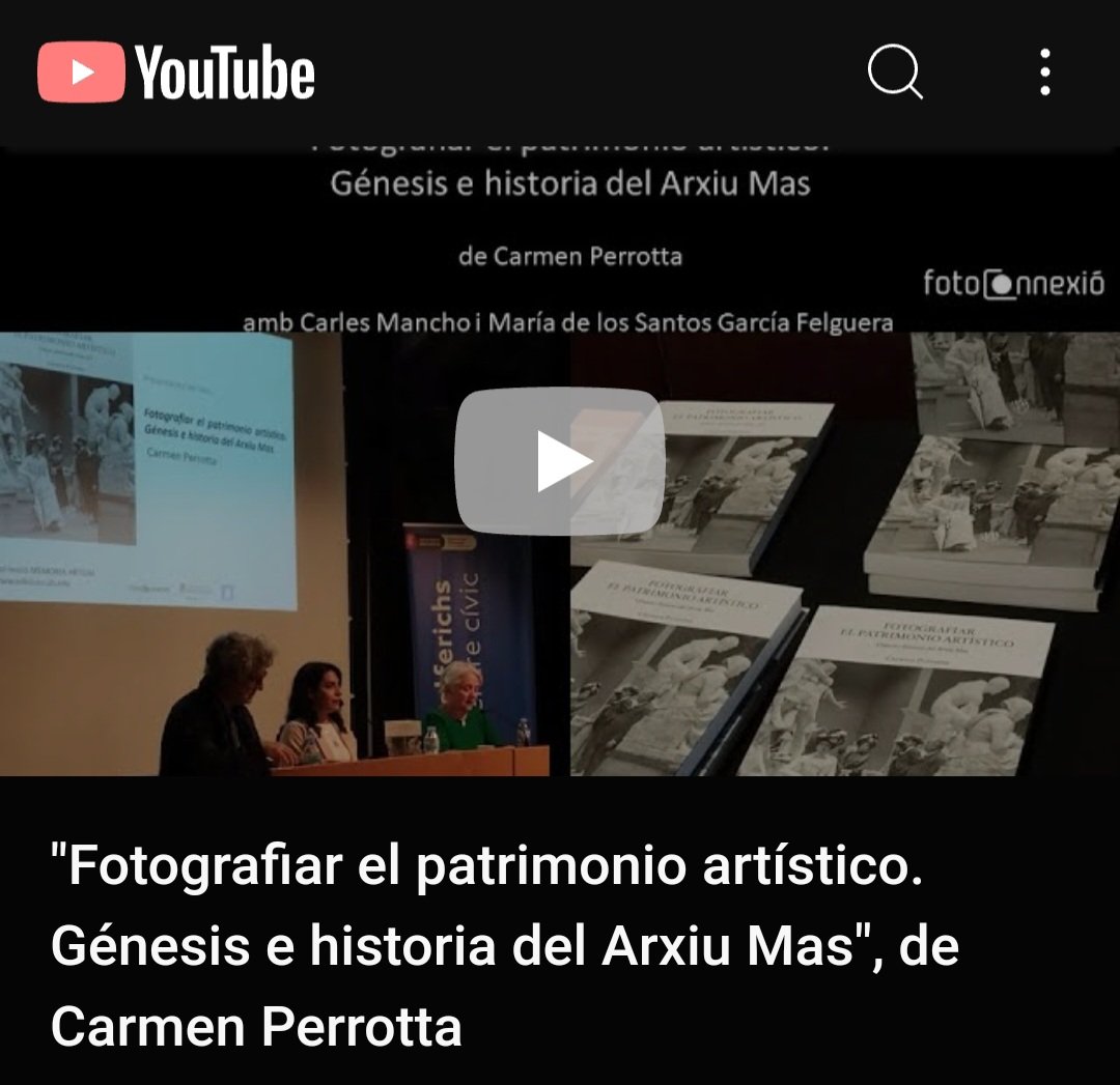 Ja està disponible al nostre canal de Youtube el vídeo de la presentació del llibre de <a href="/perrottaCARMEN/">Carmen Perrotta</a> del 9 de maig "Fotografiar el patrimonio artístico: la génesis del Arxiu Mas" amb la també #fotoconnectada M. Santos García Felguera
<a href="/Fundacio_IAAH/">Institut Amatller d'Art Hispànic</a> 📲
m.youtube.com/watch?feature=…