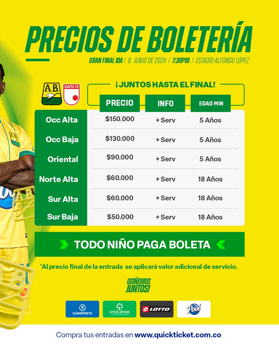 🚨🔰✊🏻 Estos son los precios de boletería para nuestro partido en el Alfonso López, por la ida de la final de Liga Betplay Dimayor 2024-I frente a Independiente SantaFe.

La pre-venta para abonados estará habilitada hoy a las 5:00PM

𝗘𝗻𝘁𝗿𝗮𝗱𝗮𝘀 𝗮 𝗹𝗮 𝘃𝗲𝗻𝘁𝗮 𝗲𝗻