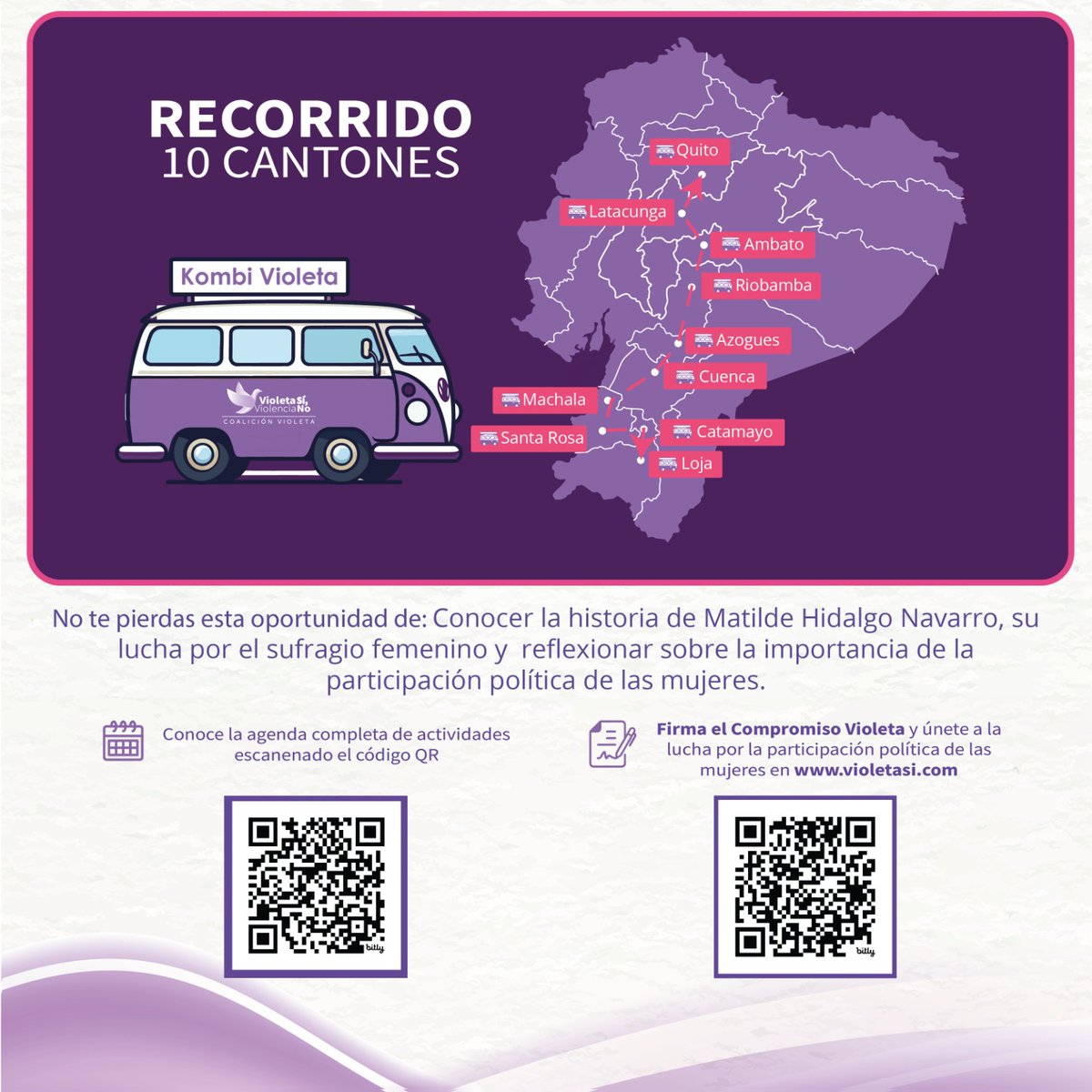 ¡La Kombi Violeta llega a #Catamayo! Para conmemorar los 100 años de la lucha por la igualdad de género.

📆 Revisa la agenda completa de actividades en bit.ly/3QL7FlQ y descubre cómo puedes participar en este histórico recorrido.

#100AñosDelVotoFemeninoEc