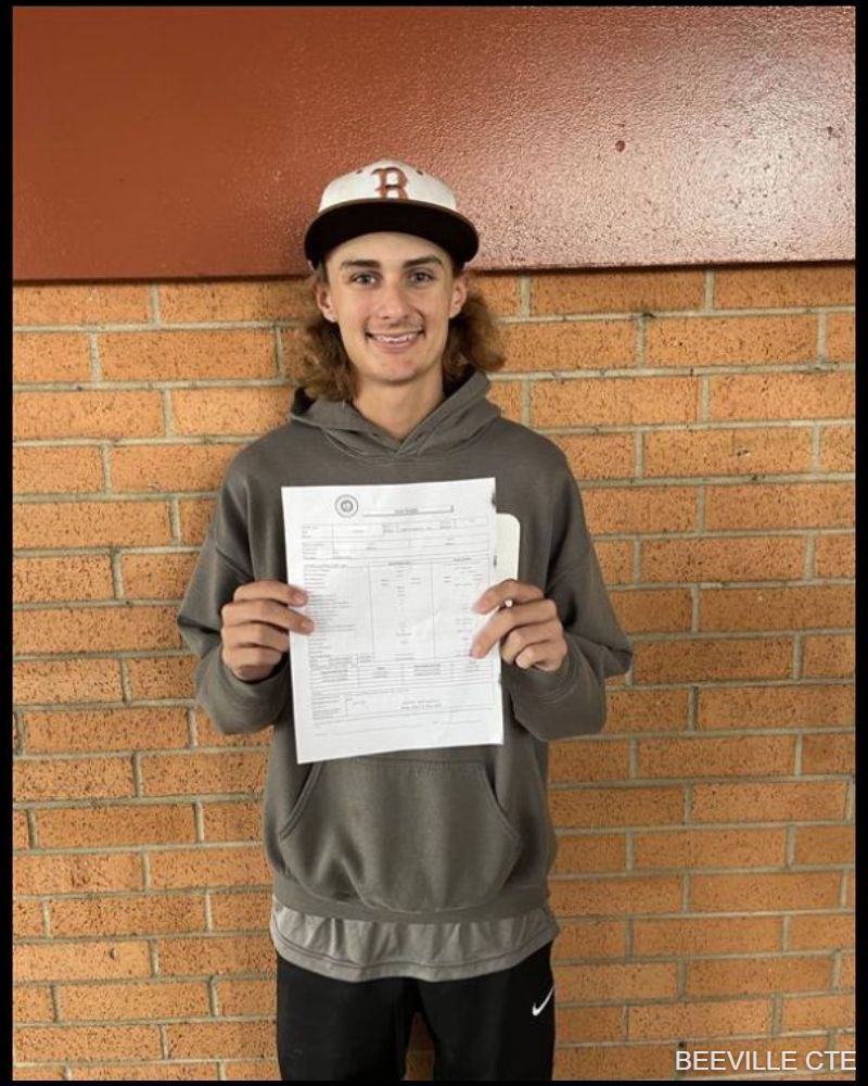 Beeville CTE Welding student Trevor passed the American Welding Society D1.1 industry weld test during the 2023-24 school year!  Congratulations on your success and this important step toward your future!